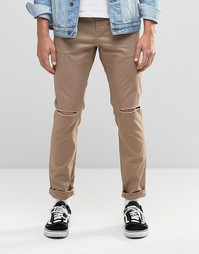 Хлопковые суперзауженные брюки песочного цвета с рваной отделкой ASOS