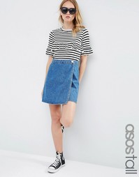 Синяя выбеленная джинсовая юбка‑трапеция с запахом ASOS TALL