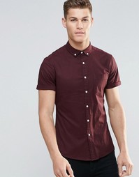 Темно-бордовая оксфордская рубашка скинни с короткими рукавами ASOS