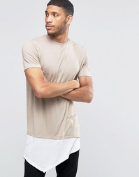 Бежевая супердлинная футболка с асимметричной вставкой по низу ASOS
