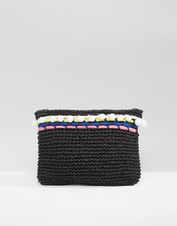 South Beach Straw Clutch Bag With Poms &amp; Piping - Черный