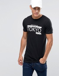 Черная удлиненная футболка облегающего кроя с принтом ASOS - Черный