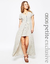 ASOS PETITE Maxi Dress in Blue Ditsy Print with Button Through Detail