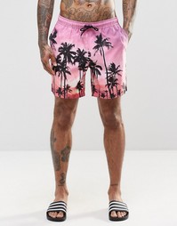 Шорты для плавания средней длины с пальмовым принтом ASOS - Розовый