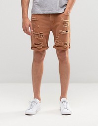 Красно-бурые джинсовые шорты слим с прорехами ASOS - Fryer brown