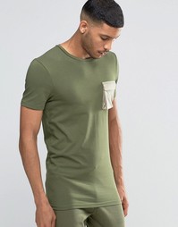 Удлиненная футболка с карманом из искусственной замши ASOS - Зеленый