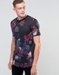 Удлиненная футболка с ярким цветочным принтом ASOS - Черный
