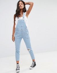 Boohoo Ripped Knee Denim Dungarees - Светло-голубой