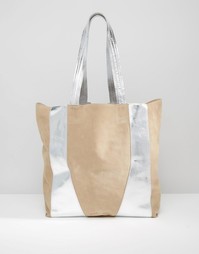 Кожаная сумка-шоппер цвета металлик Urbancode - Телесный металлик