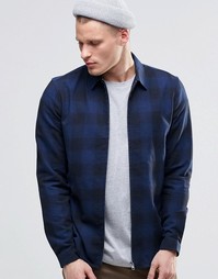 ASOS Check Zip Up Shirt In Navy With Long Sleeves In Regular Fit