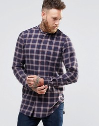 ASOS Longline Check Shirt In Navy With Grandad Collar In Regular Fit