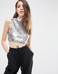 ASOS Crop Top With High Neck In All Over Sequin - Серебряный