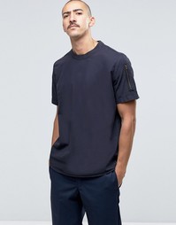 ASOS Short Sleeve Military Woven T-Shirt With Sleeve Pocket In Navy In