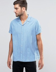 ASOS Drape Oversized Denim Shirt In Mid Wash With Revere Collar