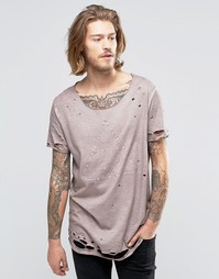 ASOS Super Longline T-Shirt With Print And Heavy Distressing In Rust