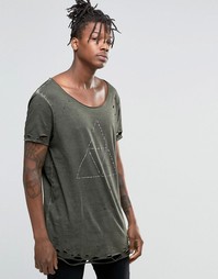 ASOS Super Longline T-Shirt With Print And Heavy Distressing In Green