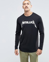 ASOS Metallica Longline Long Sleeve T-Shirt With Curved Hem - Черный