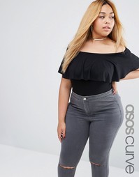 Боди с открытыми плечами и рюшами ASOS CURVE - Черный