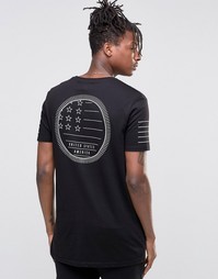 Длинная футболка с принтом и полосками на рукавах ASOS - Черный