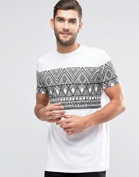 Длинная белая футболка с ацтекским принтом ASOS - Белый