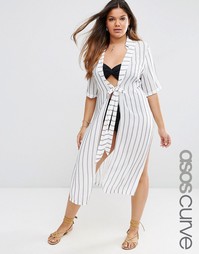 Пляжное платье-рубашка макси с полосками и завязкой на талии ASOS CURV