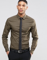 Рубашка цвета хаки с длинными рукавами и черный галстук ASOS - СКИДКА