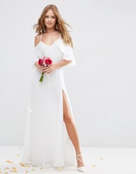 Платье макси с рюшами и открытыми плечами ASOS BRIDAL - Белый