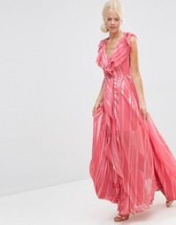 Платье макси в полоску с каскадными рюшами и молнией спереди ASOS