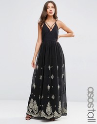 Платье макси с бретельками и вышивкой на подоле ASOS TALL - Черный