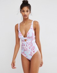 Слитный купальник DD‑G с глубоким вырезом и принтом ASOS FULLER BUST