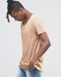 ASOS Longline T-Shirt In Linen Look With Curved Hem - Кэмел