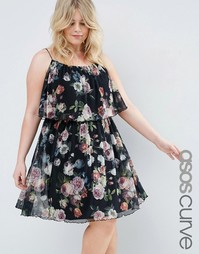 ASOS CURVE Tiered Dark Floral Mesh Mini Swing Dress - Мульти