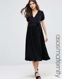 Чайное платье миди для беременных с запахом ASOS Maternity - Черный