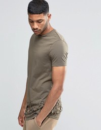 Удлиненная футболка цвета хаки с рваной отделкой ASOS