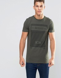 Удлиненная облегающая футболка цвета хаки с принтом ASOS