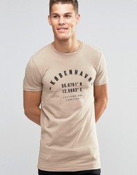 Длинная облегающая бежевая футболка с принтом ASOS