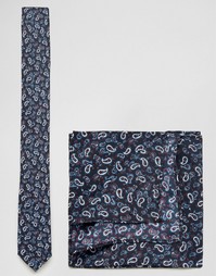 Темно-синий галстук и платок для пиджака с принтом пейсли ASOS