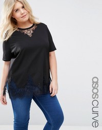 Удлиненная футболка с кружевной отделкой ASOS CURVE - Черный