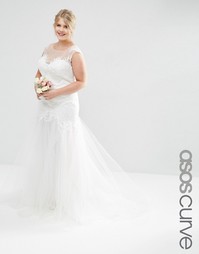 Свадебное платье макси с кружевным лифом и сетчатой юбкой ASOS CURVE