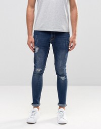 Окрашенные спреем рваные джинсы с нашивкой Hoxton Denim - Синий