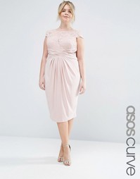 Платье миди со складками и кружевным топом ASOS CURVE WEDDING - Blush