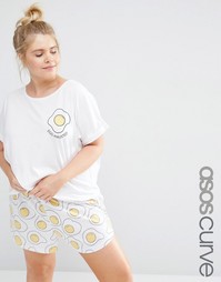 Пижамная футболка и шорты с принтом яиц ASOS CURVE - Белый