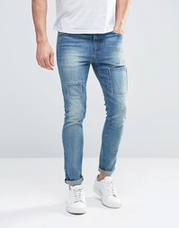 Синие супероблегающие джинсы с нашивками и потертостями ASOS