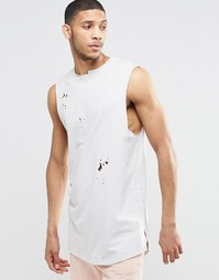 Длинная футболка без рукавов с потертостями ASOS - Бежевый