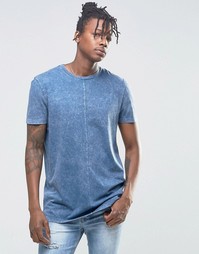 Синяя удлиненная футболка с эффектом кислотной стирки ASOS - Синий