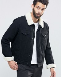 Черная джинсовая куртка с воротником-борг ASOS - Черный