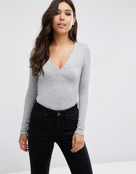 Топ с длинными рукавами и глубоким вырезом ASOS - Серый