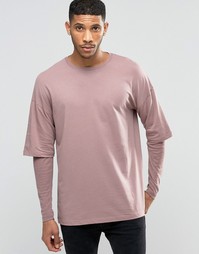 Розовый oversize-лонгслив с двухслойными рукавами в рубчик ASOS