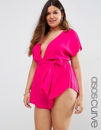 Пляжный ромпер с глубоким вырезом и завязкой ASOS CURVE