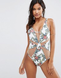 Слитный купальник с глубоким вырезом и сетчатой вставкой ASOS